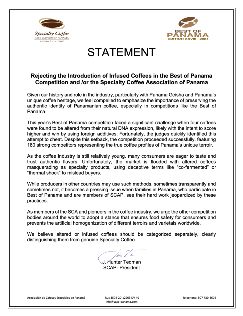 statement from Specialty  Coffee Association of Panama